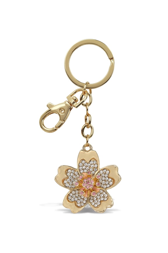 Flower Keychain - Gold 3D Sparkling Charm Rhinestones Fashionable Stylish Metal Alloy Durable Key Ring Bling Crystal Jewelry Accessory with Clasp for Key Chain, Bag, Purse, Backpack, Handbag