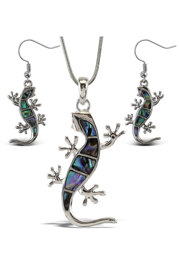 Gecko Necklace & Earrings Jewelry Set - Silver Pendant with Snake Chain Necklace & Dangle Hook Earrings Made with Natural Paua Abalone Shell for Daily, Casual & Formal Events - 18 Inch