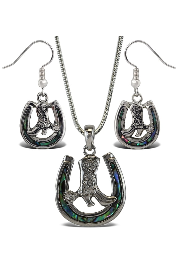 Horseshoe Necklace & Earrings Jewelry Set - Silver Pendant with Snake Chain Necklace & Dangle Hook Earrings Made with Natural Paua Abalone Shell for Daily, Casual & Formal Events - 18 Inch