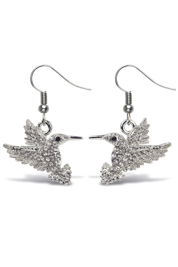 Hummingbird Sparkling Earrings - Cute Silver Dangle Earrings Plated in Silver Color with Zinc Alloy Dangling Charm Sparkly Pendant, Elegant Wildlife Animal Silver Earrings Gift