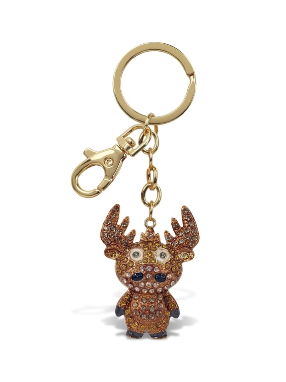 Moose Keychain - Gold 3D Sparkling Charm Rhinestones Fashionable Stylish Metal Alloy Durable Key Ring Bling Crystal Jewelry Accessory with Clasp for Key chain, Bag, Purse, Backpack, Handbag