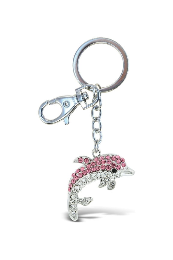 Pink Dolphin Keychain - Silver 3D Sparkling Charm Rhinestones Fashionable Stylish Metal Alloy Durable Key Ring Bling Crystal Jewelry Accessory With Clasp For Key Chain, Purse, Backpack, Handbag