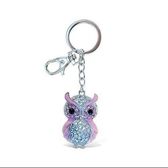 Aqua79 Pink Owl Keychain - Silver 3D Sparkling Charm Rhinestones Fashionable Stylish Metal Alloy Durable Key Ring Bling Crystal Jewelry Accessory With Clasp For Keychain Bag, Purse, Backpack, Handbag