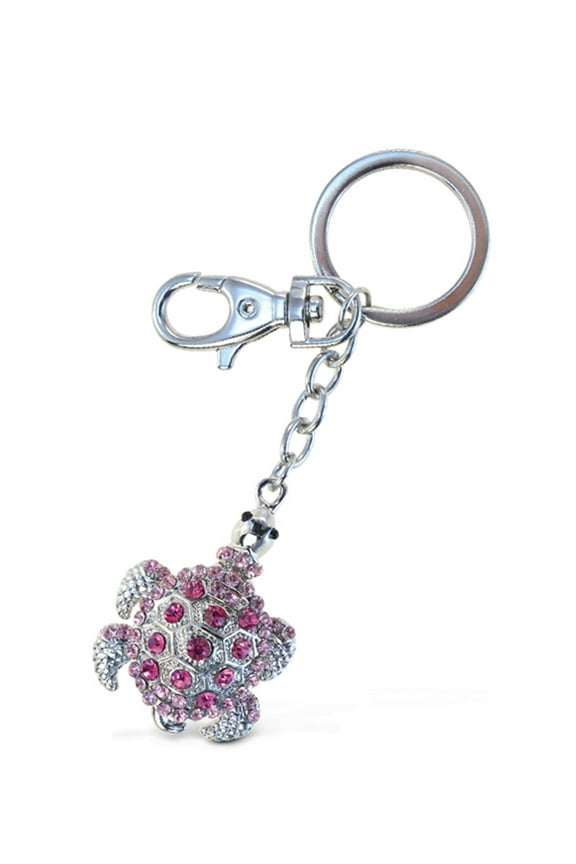 Pink Sea Turtle Keychain - Silver 3D Sparkling Charm Rhinestones Fashionable Stylish Metal Alloy Durable Key Ring Bling Crystal Jewelry Accessory, Clasp for Key Chain, Purse, Backpack, Handbag