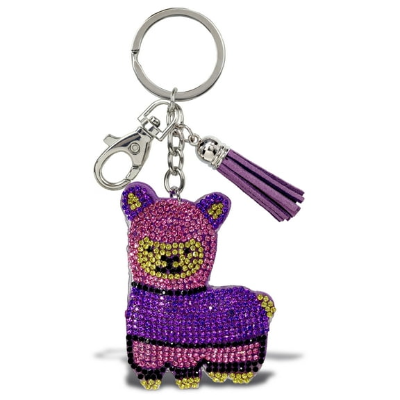 Aqua79 Purple Llama Keychain - Sparkling Rhinestones Charm with Tassel, Fashionable Stylish Polyester PU Cute Key Ring Bling Crystal Jewelry Accessory with Clasp For Keychain, Bag, Purse and Backpack