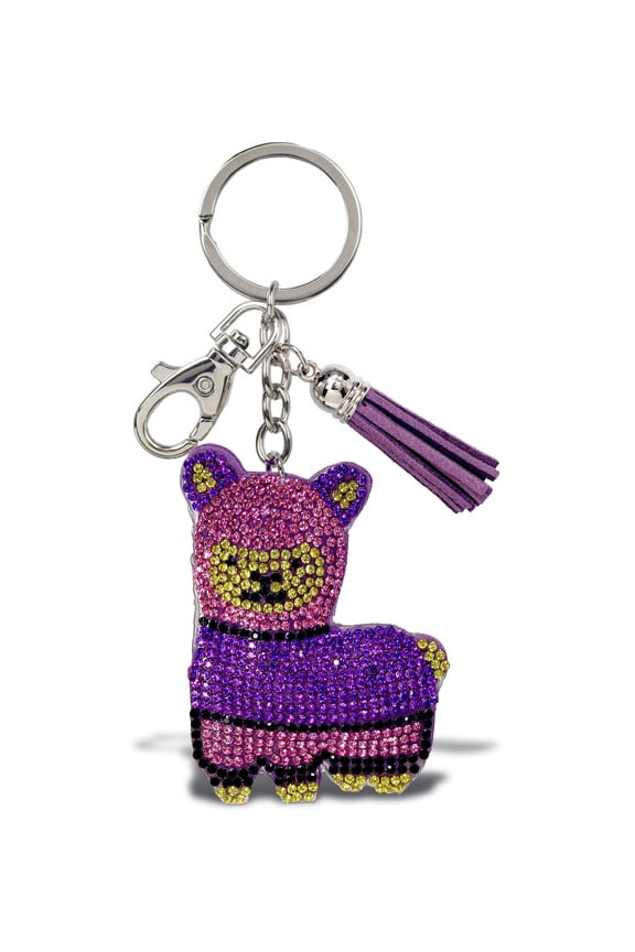 Aqua79 Purple Llama Keychain - Sparkling Rhinestones Charm with Tassel, Fashionable Stylish Polyester PU Cute Key Ring Bling Crystal Jewelry Accessory with Clasp For Keychain, Bag, Purse and Backpack