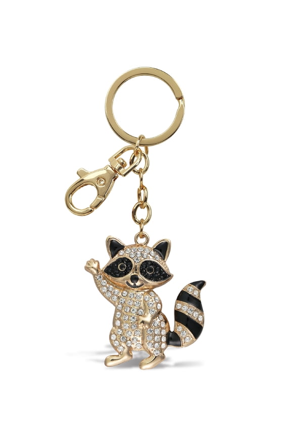 Raccoon Keychain  Gold 3D Sparkling Rhinestone Charm, Metal Alloy Key Ring Accessory with Clasp for Keys, Bags, Purses, and Backpacks