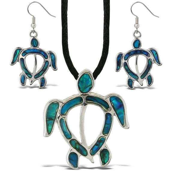 Aqua79 Sea Turtle Necklace & Earrings Jewelry Set - Silver Pendant with Black Cord Necklace & Dangle Hook Earrings Made with Natural Paua Abalone Shell for Daily, Casual & Formal Events - 18 Inch