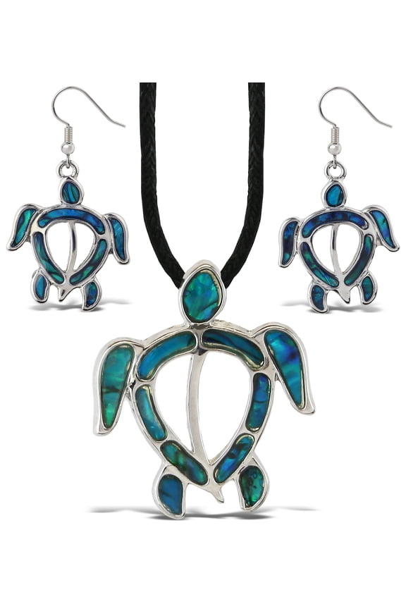 Sea Turtle Necklace & Earrings Jewelry Set - Silver Pendant with Black Cord Necklace & Dangle Hook Earrings Made with Natural Paua Abalone Shell for Daily, Casual & Formal Events - 18 Inch