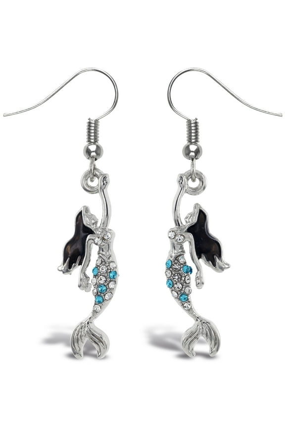 Silver Mermaid Sparkling Earrings - Cute Silver Dangle Earrings Plated in Silver Color with Zinc Alloy Mermaid Charm Sparkly Pendant, Elegant Ocean Life Mermaid Silver Earrings Gift