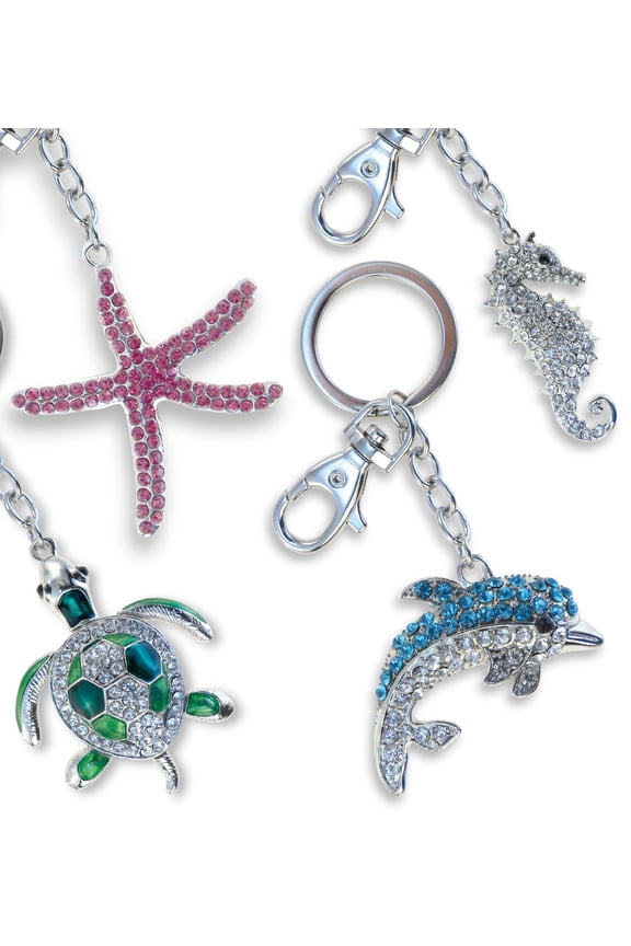 Sparkling Keychain Set of 4 Dolphin, Seahorse, Sea Turtle, and Starfish, 3D Charm Rhinestones, Metal Alloy Key Ring Accessory with Clasp for Key Chain, Bag, Purse, Handbag, and Backpack