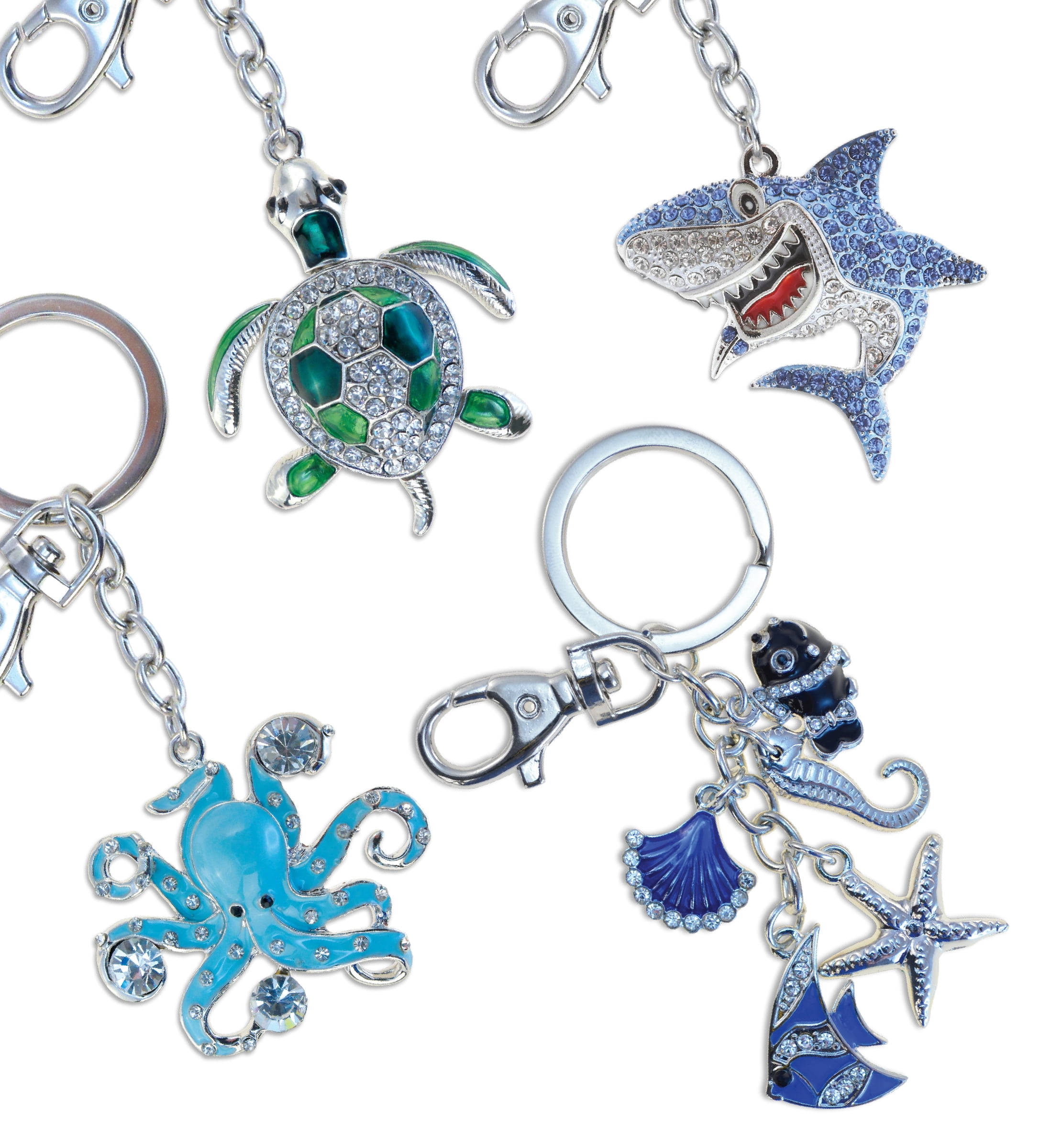 Aqua79 Sparkling Keychain Set of 4 – Octopus, Sea Turtle, Shark, and Beach Shells 3D Charm Rhinestones, Metal Alloy Key Ring - Accessory with Clasp for Key Chain, Bag, Purse, Handbag, and Backpacks