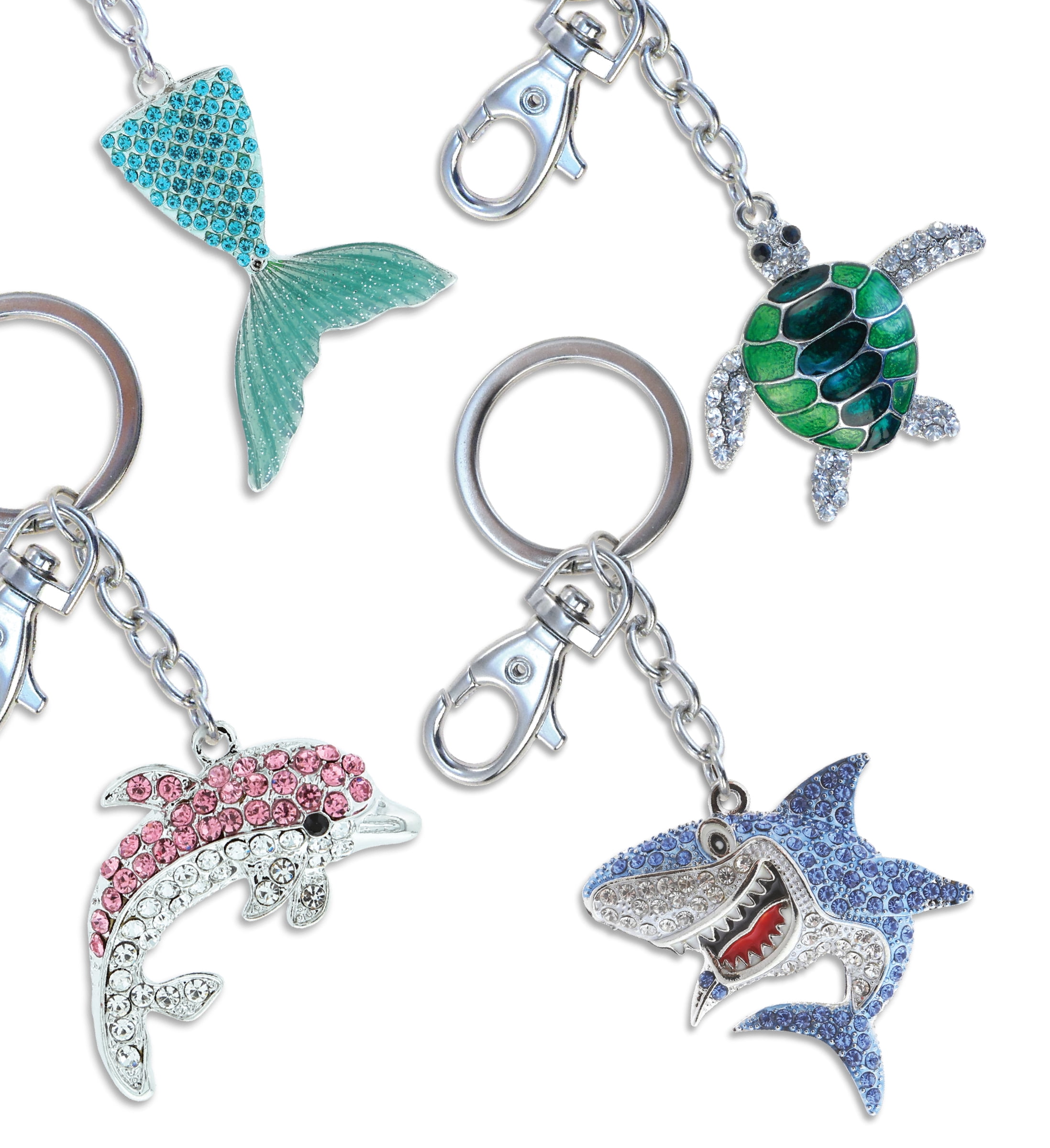 Aqua79 Sparkling Keychain Set of 4 – Sea Turtle, Shark, Blue