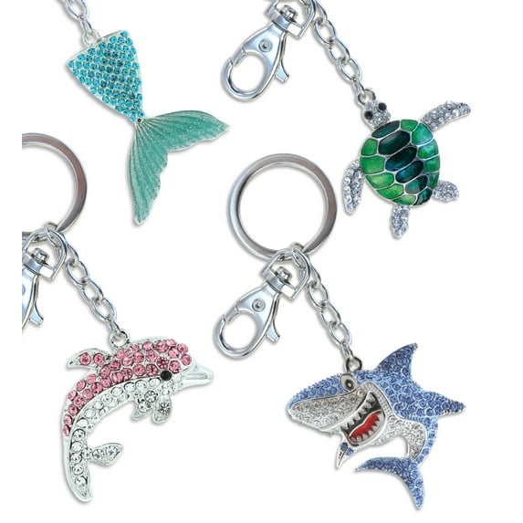 Aqua79 Sparkling Keychain Set of 4 – Sea Turtle, Shark, Blue Mermaid Tail, Pink Dolphin 3D Charm Rhinestones, Metal Alloy Key Ring - Accessory with Clasp for Key Chain, Bag, Purse, Handbag, Backpack
