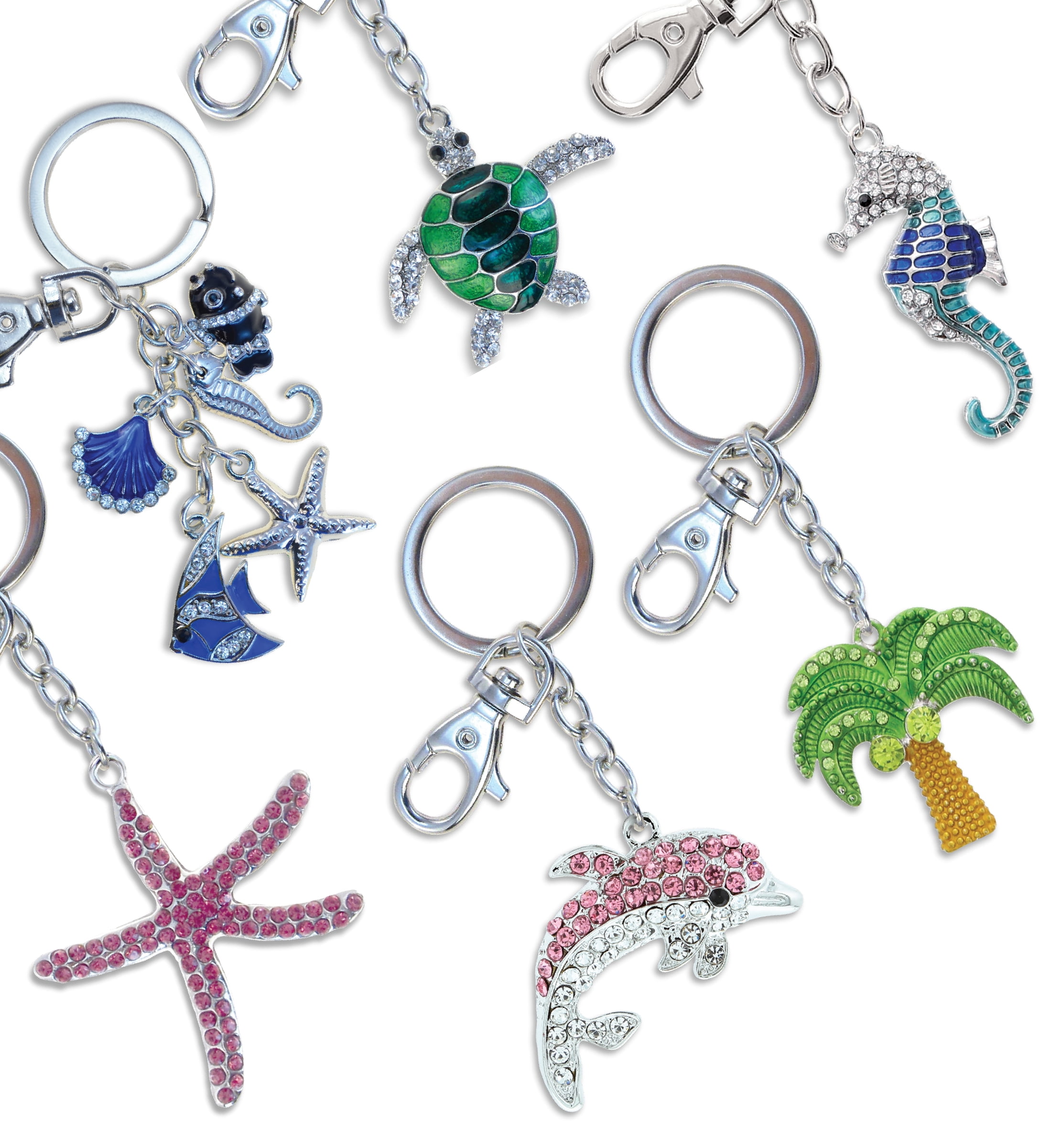 Aqua79 Sparkling Keychain Set of 6 – Seahorse, Sea Turtle, Starfish, Palm Tree, Shells, Dolphin 3D Charm Rhinestones, Metal Alloy Key Ring - Accessory with Clasp for Key Chain, Purse and Backpacks