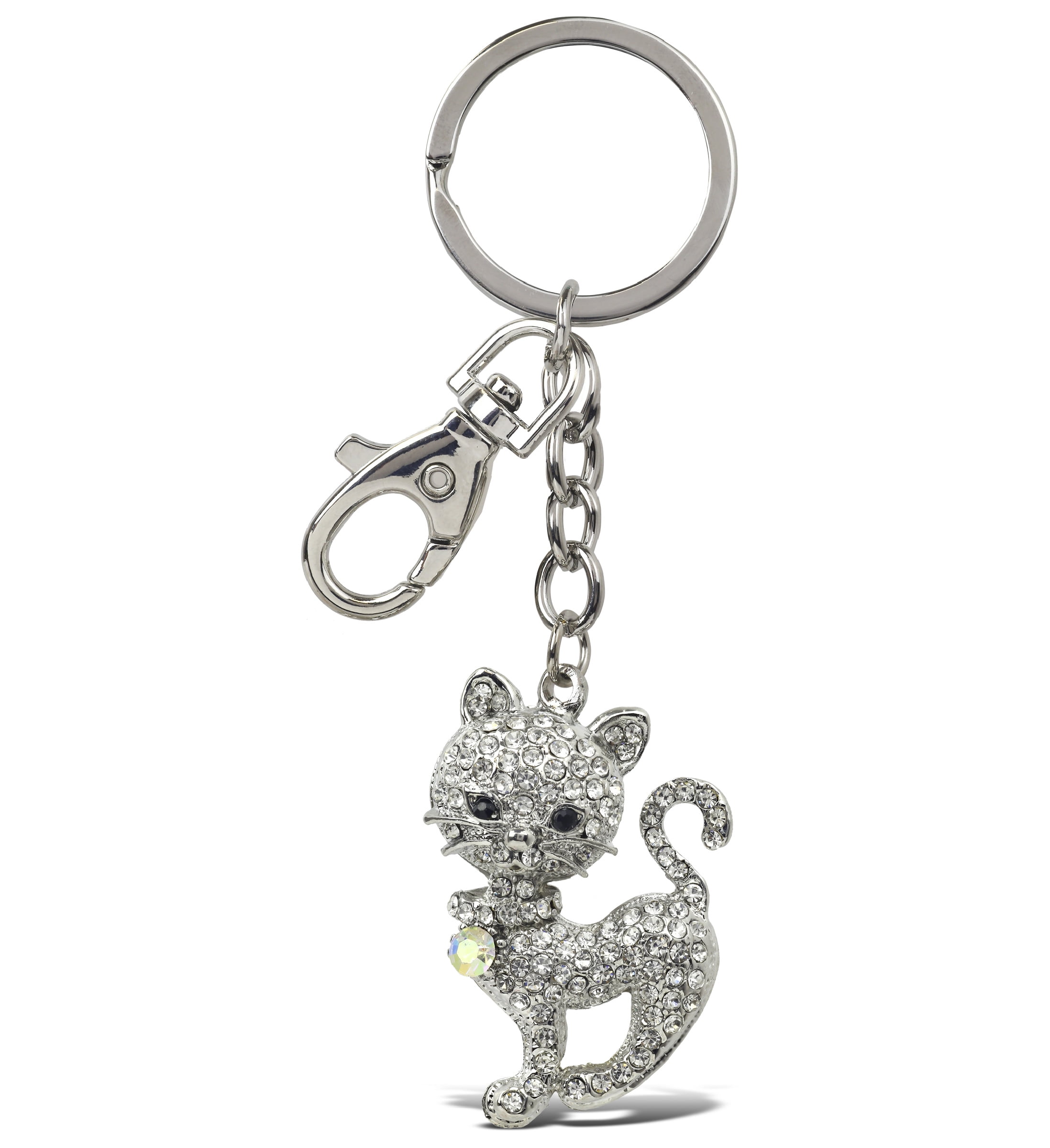 Aqua79 Stylish Cat Keychain - Silver 3D Sparkling Charm
