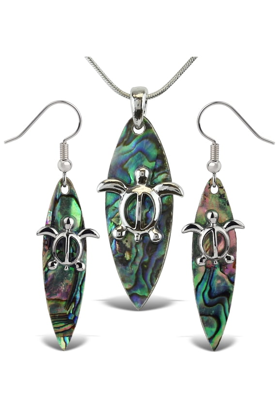 Surfboard Necklace & Earrings Jewelry Set - Silver Pendant with Snake Chain Necklace & Dangle Hook Earrings Made with Natural Paua Abalone Shell for Daily, Casual & Formal Events - 18 Inch