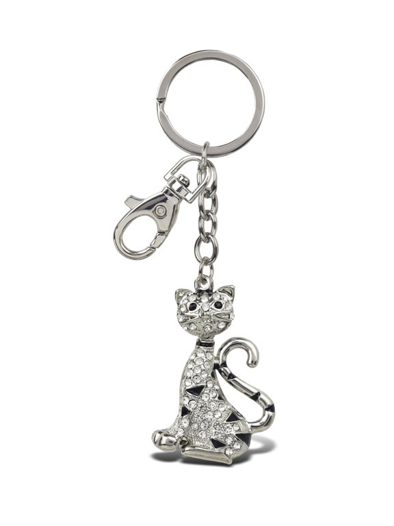 Tiger Cat Keychain - Silver 3D Sparkling Charm Rhinestones Fashionable Stylish Metal Alloy Durable Key Ring Bling Crystal Jewelry Accessory with Clasp for Key Chain, Bag, Purse, and Backpack