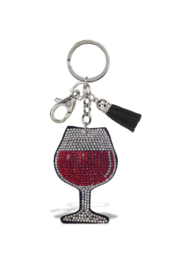 Wine Glass Keychain - Silver and Red Sparkling Rhinestones Charm with Tassel, Fashionable Stylish Polyester PU Key Ring Bling Jewelry Accessory with Clasp For Key Chain, Bag, Purse & Backpack