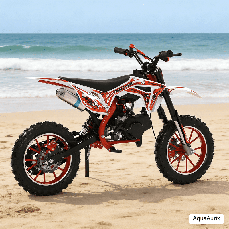 AquaAurix 2026 Upgraded 49cc Kids Dirt Bike, 2-Stroke Mini Gas Motorcycle with Maximum Speed 40KM/H, Full Suspension, Dual Disc Brakes, Off