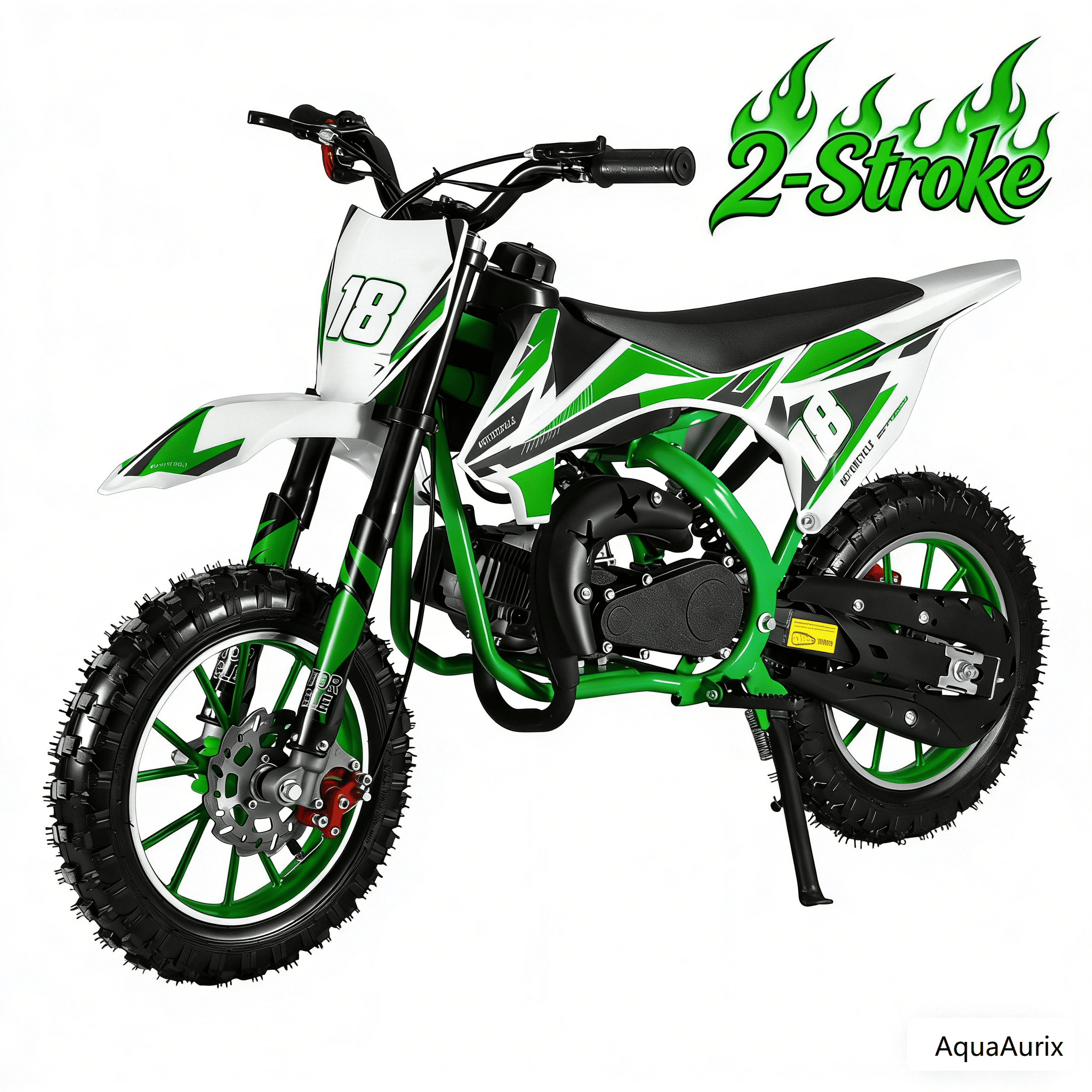 AquaAurix 2026 Upgraded 49cc Kids Dirt Bike 2-Stroke - Mini Kids Dirtbike, Gas Dirt Bikes with Front Rear Disc Brakes, 10 Inches Off-Road Tires(Green)
