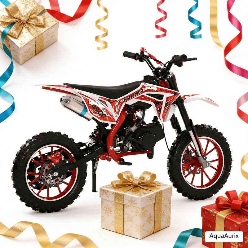 AquaAurix 2026 Upgraded 50cc Kids Dirt Bike: 24MPH 2-Stroke Mini Gas Motorcycle, Dual Disc Brakes, Off-Road Tires, Soft Seat, 330LBS Load, for Kids 7–12, Red