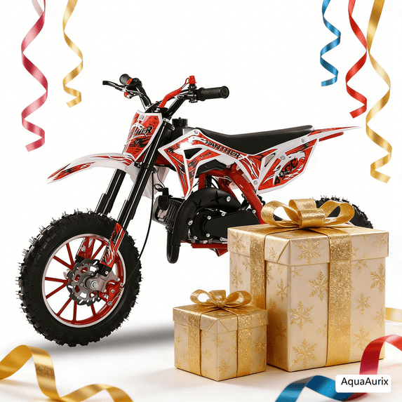 AquaAurix 49CC Kids Dirt Bike, 2-Stroke Gas Powered Mini Motorcycle for Ages 6-12, with Dual Disc Brakes, 10” Off-Road Tires, Shock Absorption Springs, Hand-Pull Start & Soft Seat Cushion (Red)