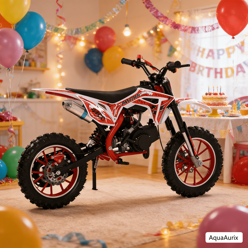 AquaAurix 49CC Kids Dirt Bike, 2-Stroke Gas Powered Mini Motorcycle with Dual Disc Brakes, Front/Rear Suspension, Hand-Pull Start, Soft Seat Cushion, for Ages 6-12 (Red)
