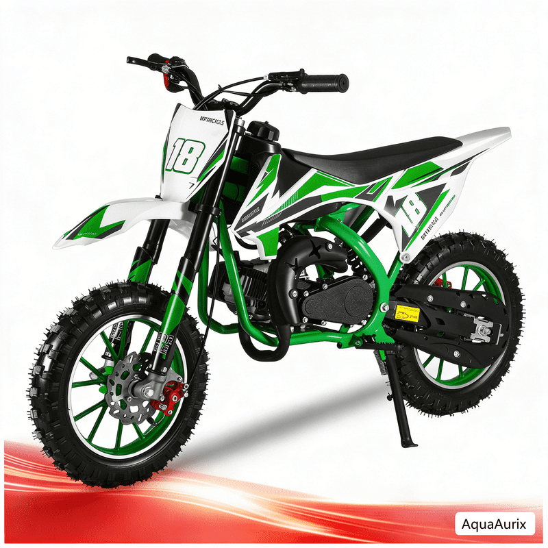 AquaAurix 49CC Kids Gas Dirt Bike, 2-Stroke Gas Powered Motorcycle, Dual Disc Brakes, Shock Absorption Springs, 10" Off-Road Tires (Green)