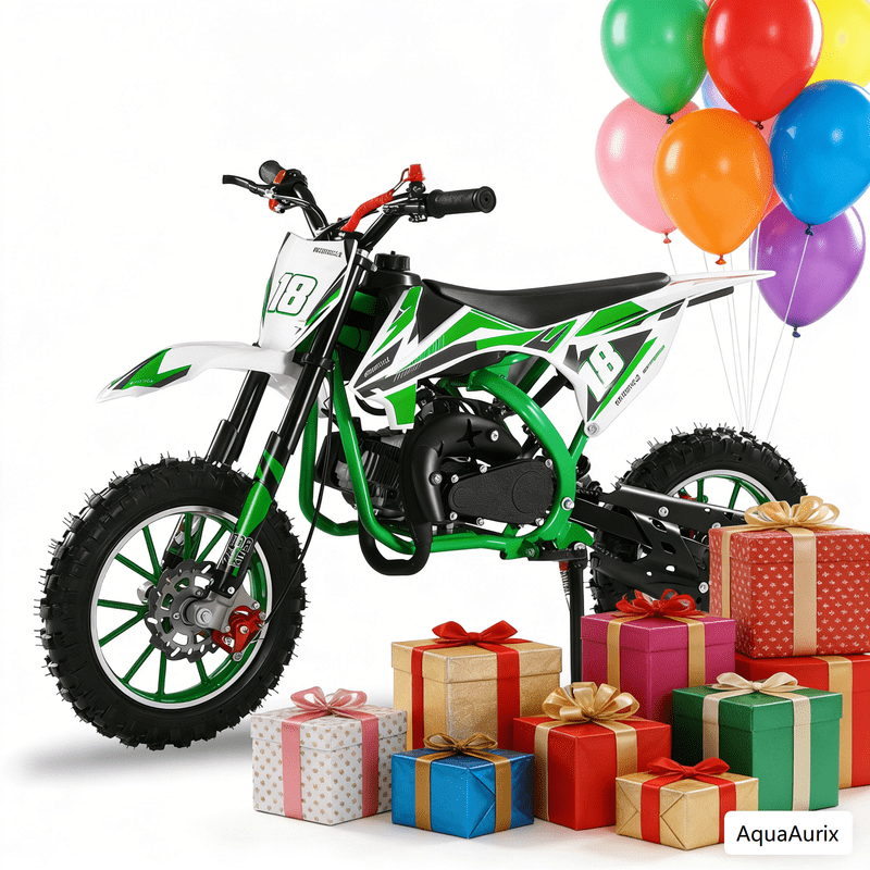 AquaAurix 49cc 2-Stroke Kids Dirt Bike with, Shock Absorption Springs, Soft Seat Cushion, Dual Disc Brakes, 25:1 Mix (Gas & 2-Stroke Oil)(Green)