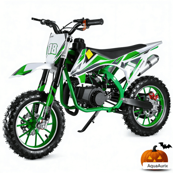 AquaAurix 49cc 2-Stroke Pro-Level Kids Dirt Bike | Gas Power Motocross, Off Road Mini Motorcycle, Pocket Motorbike with Front Rear Disc Brakes (Green)