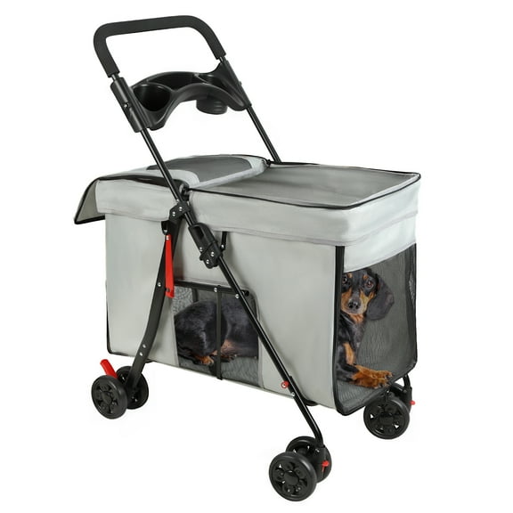 AquaAurix Dog Stroller, 4 Wheel Pet Cage Foldable Travel Jogging Carriage Stroller,5 Ventilation Windows & Removable Tray for Small/Medium Dogs Grey