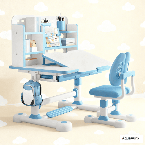 AquaAurix Kids Desk and Chair Set 50-Degree Tiltable Desktop Study Table, Height Adjustable Ergonomic Children Sturdy Table, with Chair for Bedroom Study Room Blue