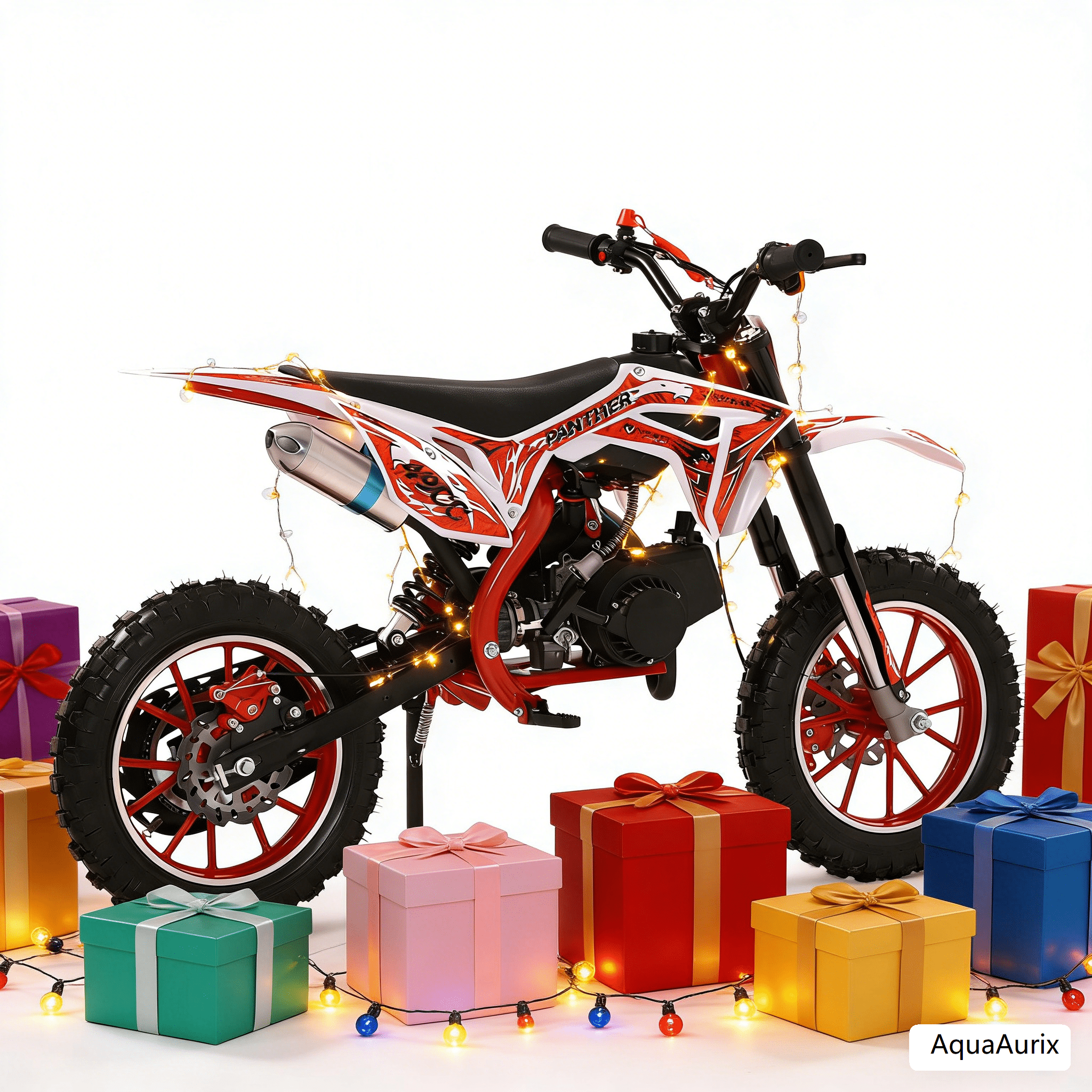 AquaAurix Kids Gas Powered Dirt Bike, 49CC 2-Stroke Gas Kids Dirt Bike, Hand-Pull Start, Inverted Front Suspension, Rear Shock Absorber, Soft Seat Cushion, Disc Brakes(Red)