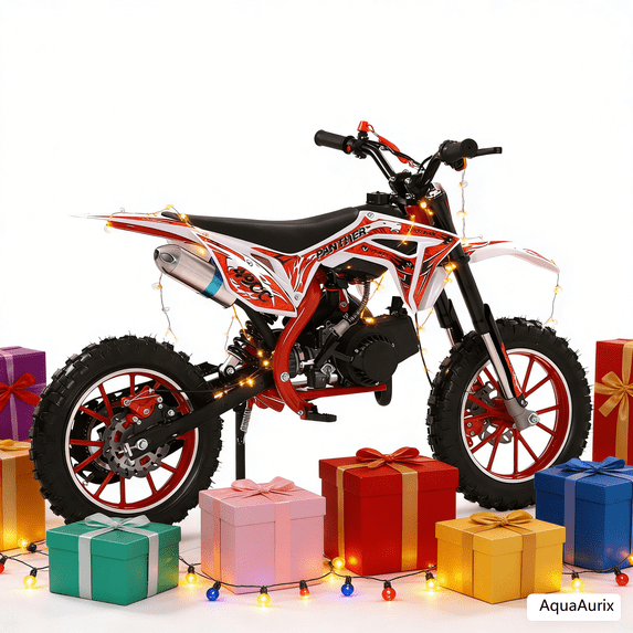 AquaAurix Kids Gas Powered Dirt Bike, 49CC 2-Stroke Gas Kids Dirt Bike, Hand-Pull Start, Inverted Front Suspension, Rear Shock Absorber, Soft Seat Cushion, Disc Brakes(Red)