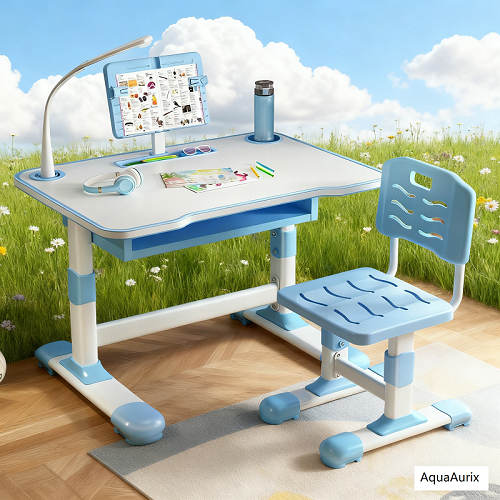 AquaAurix Kids Study Desk Chair Set, Height Adjustable Toddlers Writing Table,Reading Stand LED Table Light, Living Room Bedroom Children Learning Table with Extra Large Drawer Blue