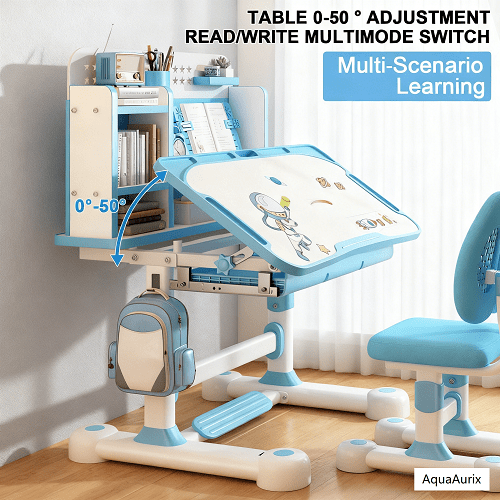 AquaAurix Kids Study Desk and Chair Set, Height Adjustable Children School Study Table Chair Set,with Book Stand, Foot Pedal, Partition Design,Blue