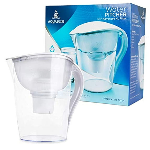 AquaBliss 10 Cup Water Filter Pitcher w Longest Lasting Advanced XL Water Purification Filter Filtered Water Pitcher Targets Harmful Contaminants Chlorine Metals Sediments for Clean Tasting Water