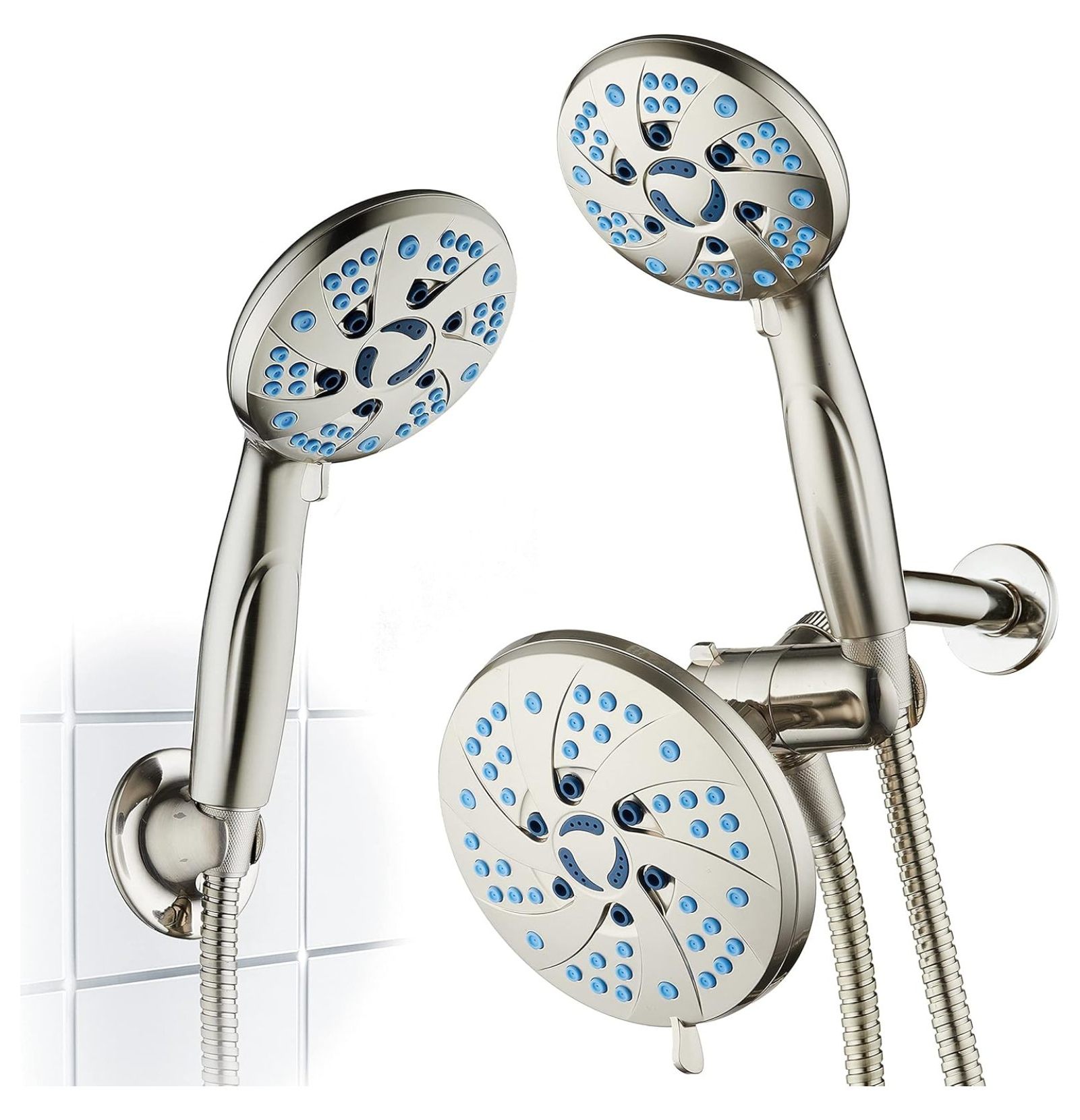 AquaCare Spa Station Duschkopf Set – 15 Cm Regendusche + Handbrause, 48 Modi, 1,8 M Schlauch, Nickel