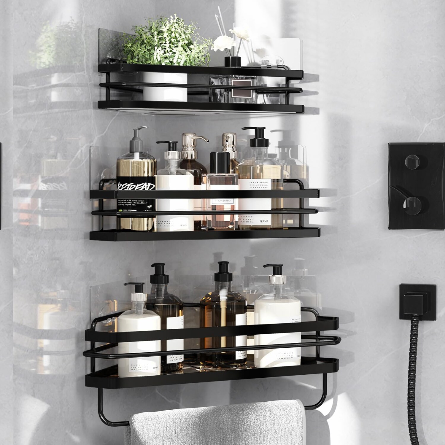 AquaCorner 3Pack Adhesive Shower Caddy with Towel Bar Rustproof No