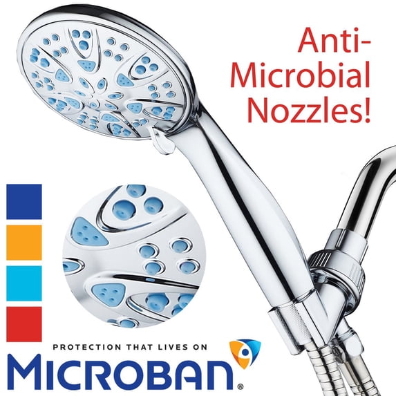 AquaDance Antimicrobial, Anti-Clog High-Pressure 6-Setting 4' Handheld Hand Shower Head with Microban Nozzle Protection from Growth of Mold, Mildew & Bacteria and 5' Hose - Wave Blue