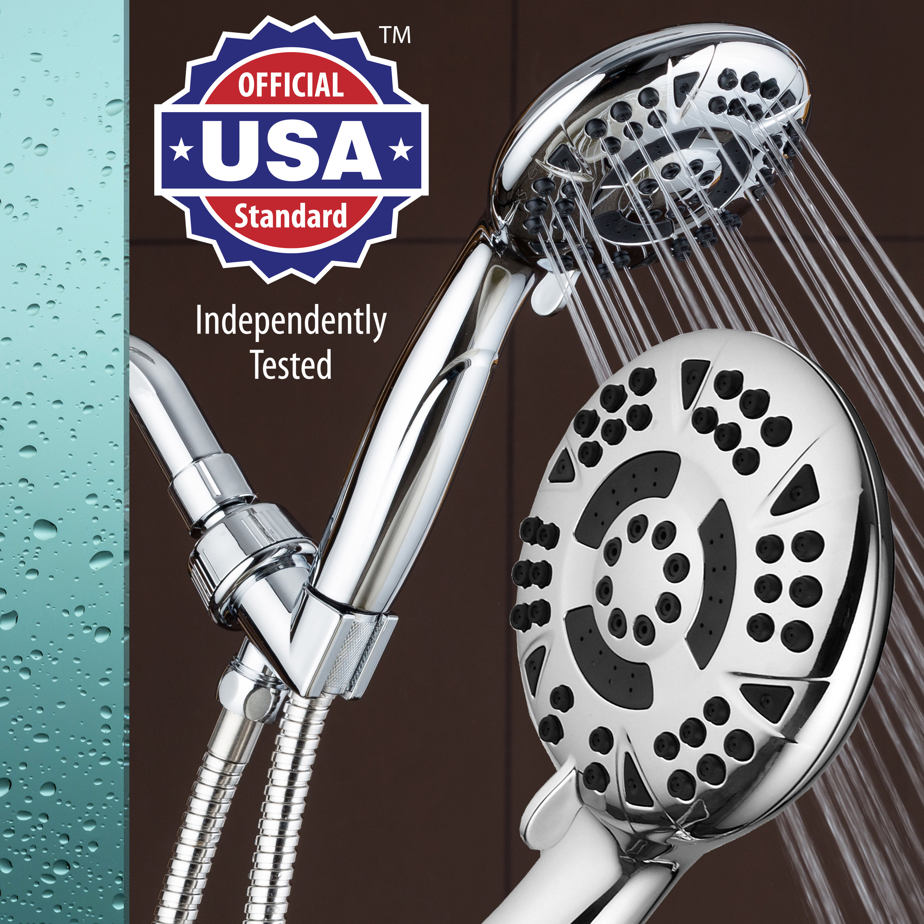 AquaDance High Pressure 6 Setting 4.15 inch Chrome Face Hand Held Shower Head with Hose - image 1 of 7