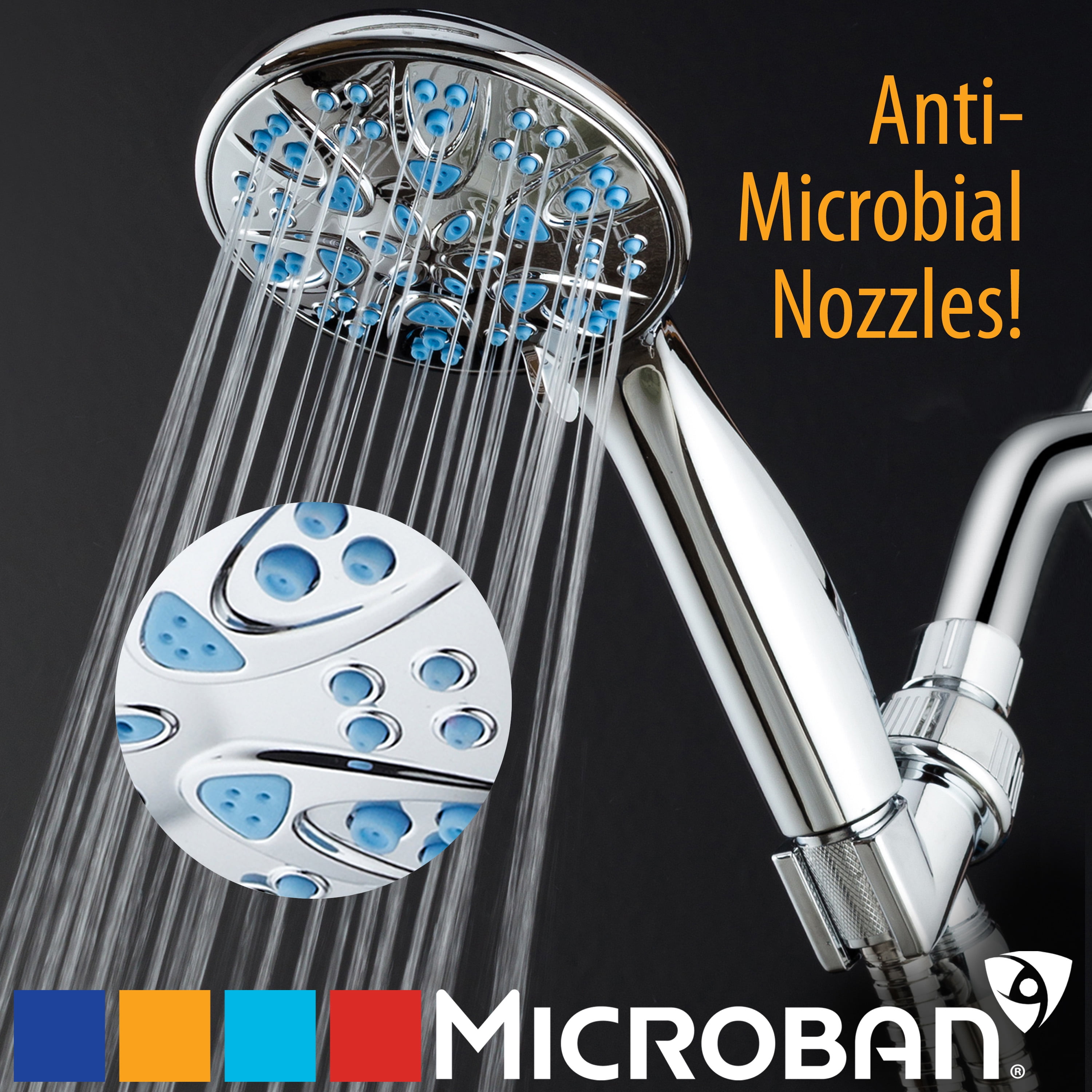 Chrome Handheld Shower Head with Blue Nozzles and 6 Settings