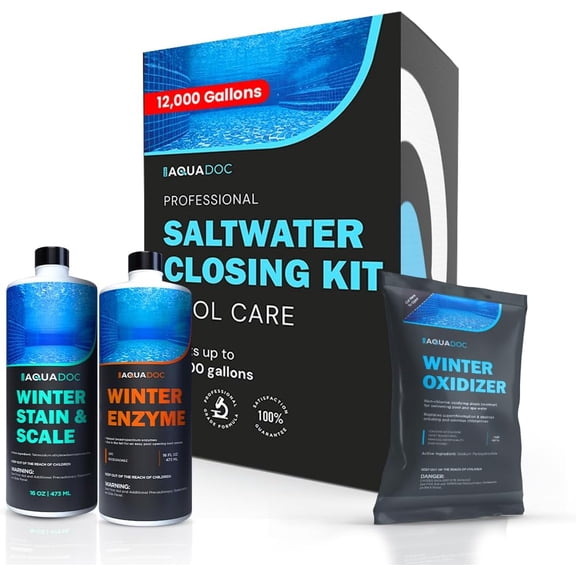 AquaDoc Pool Winterizing Kit for Saltwater Pools - Treats Up to 12,000 Gallons - Pool Closing Kit for Above Ground and Inground Pools - Includes Enzyme, Stain and Scale, Oxidizer for Salt Pools