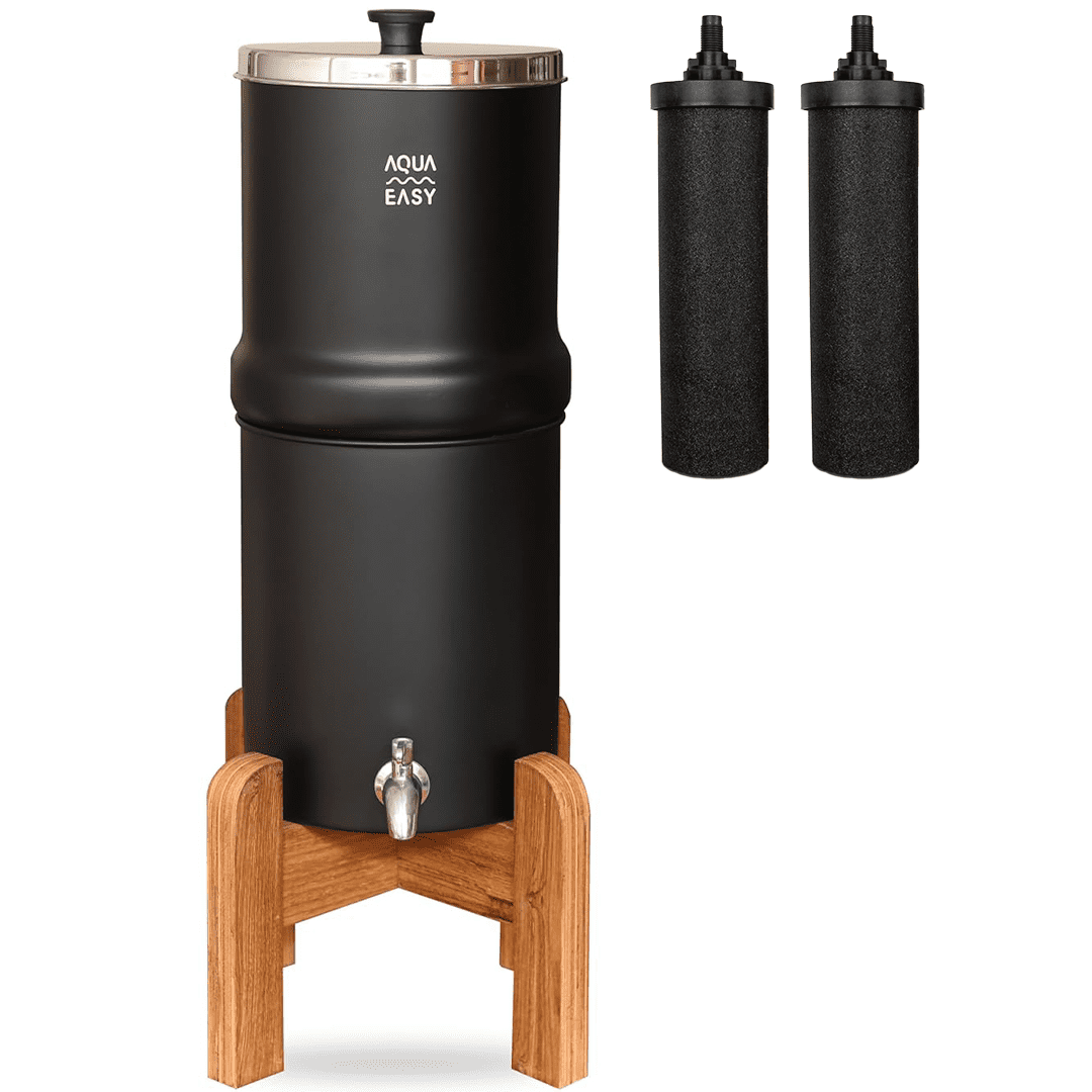 AquaEasy Stainless Steel Gravity Water Filter System (2.25 Gallon) with 2X Activated Carbon Filter, Stainless Steel Tap and Wooden Stand (Black) Countertop Water Filtration System