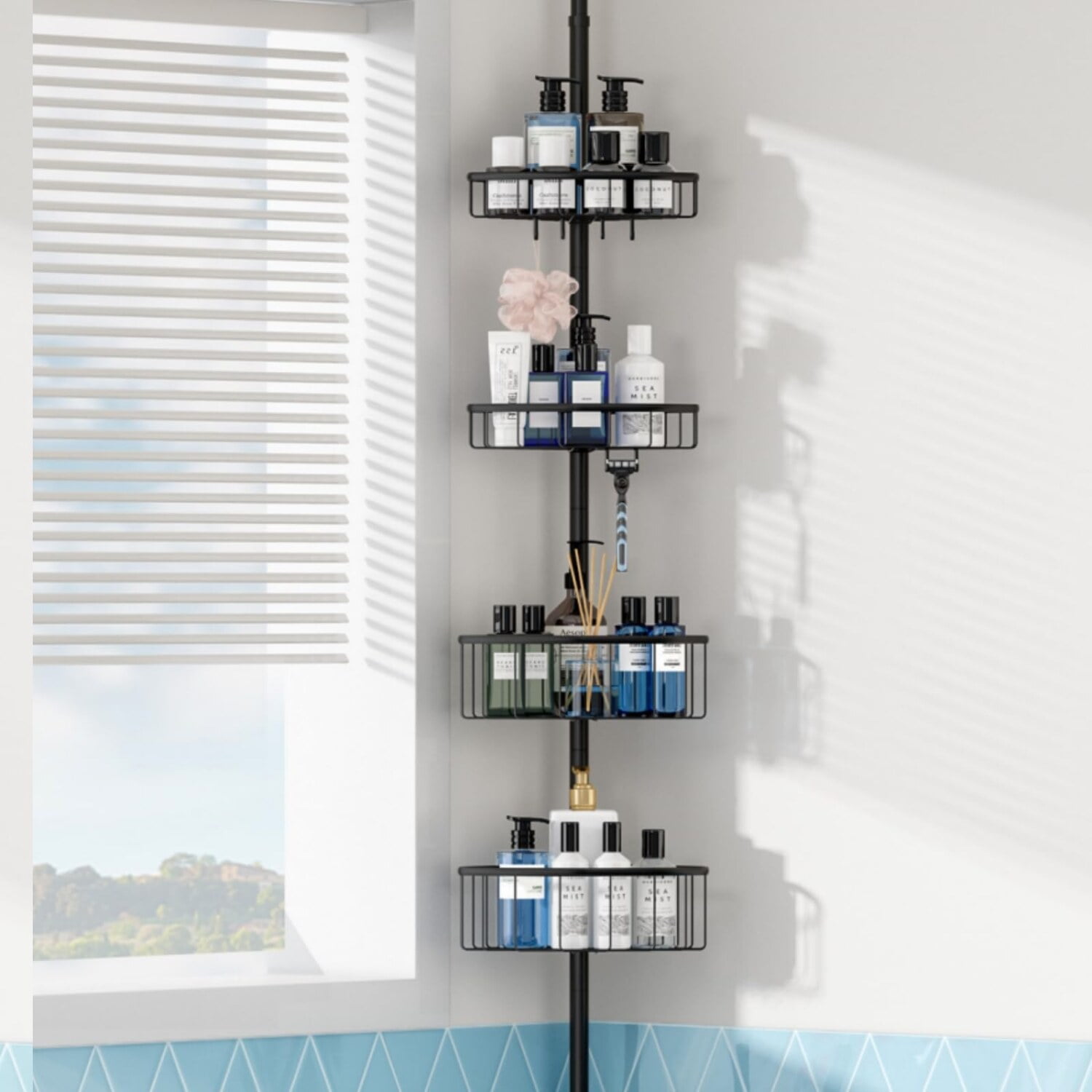 AquaGuard Tension Pole Shower Caddy: Rustproof 4-Tier Adjustable ...