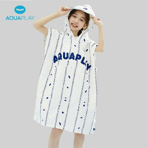 AquaPlay Children's Ultrafine Fiber Quick-Dry Cape, Changing Hole Design, Vertical Stripe Letter Print Design, Double-Sided Fleece Material for Better Water Absorption, Storage Pocket