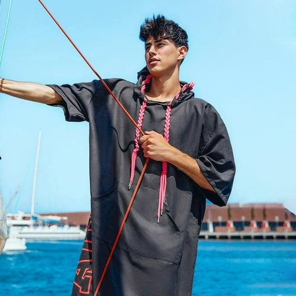 AquaPlay Ultra-Fine Fiber Quick-Dry Poncho, Changing Hole Design, Eye-Catching Braided Strap Design, Double-Sided Plush Material For Better Water Absorption Ultra-Lightweight At 425g(Black)