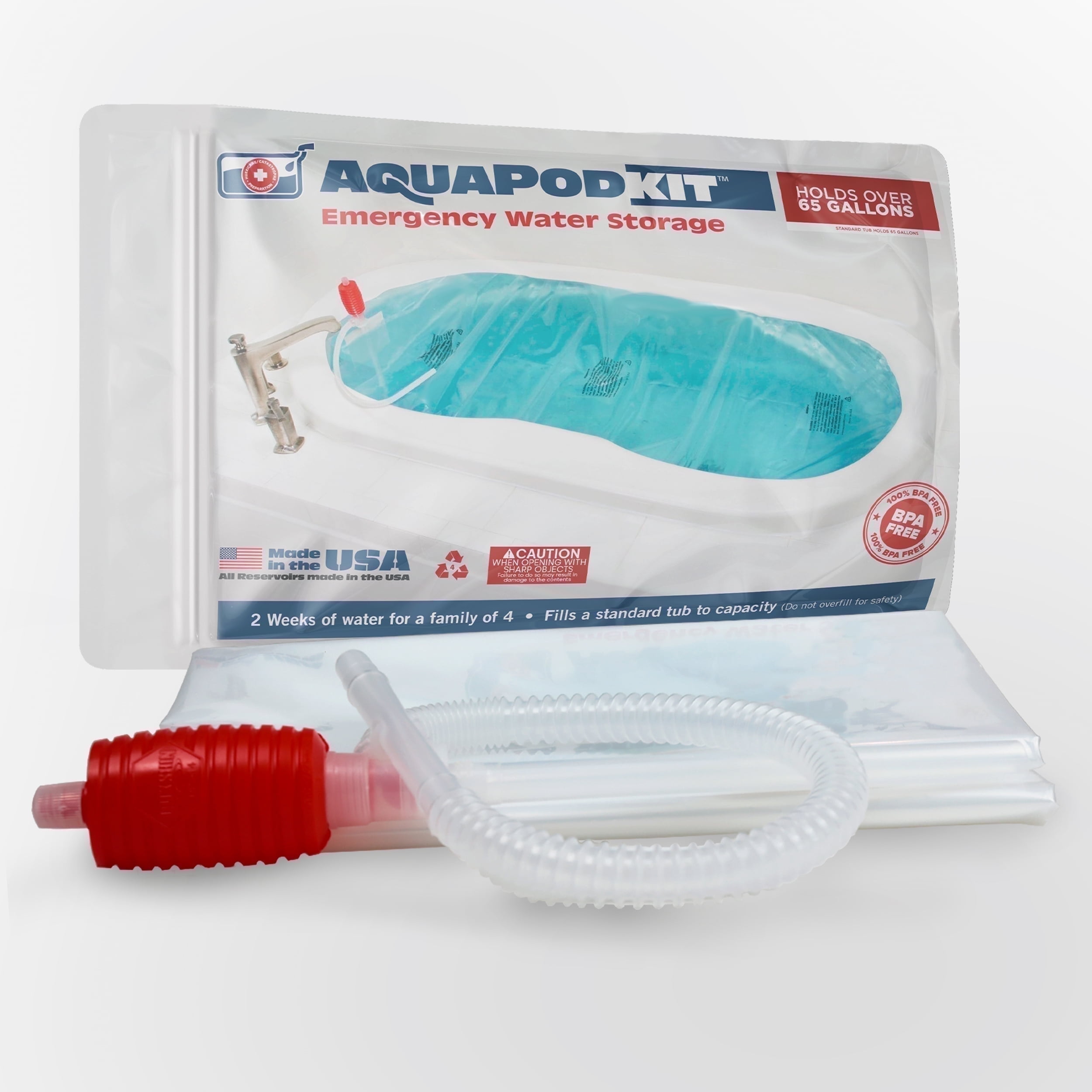 Aquapod Kit 65-100 Gallon Emergency Water Storage Bladder BPA Free Food Grade Bathtub Kit Hurricane Supply with Hand Pump - Made in USA! (Bag Pkg)