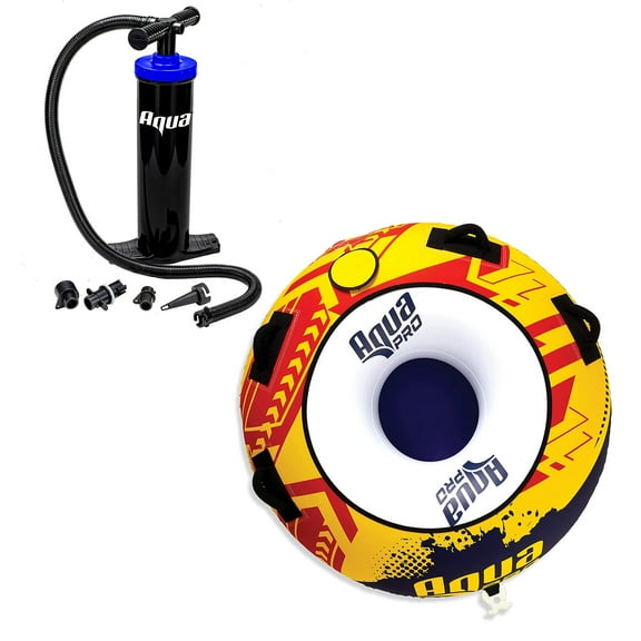 AquaPro 50in Nylon Deck Style Towable 1 Person Rider, Yellow/Red w/ Pump